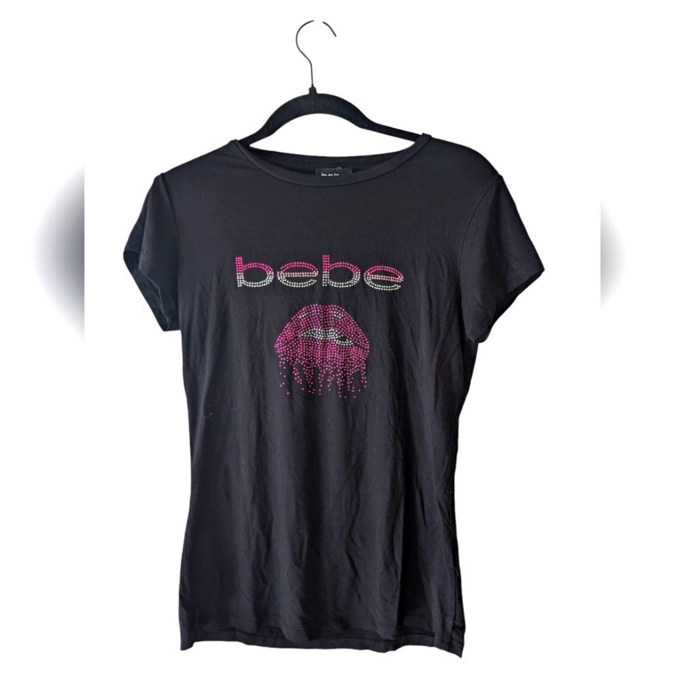 Bebe Lip Rhinestone Lips Mouth Y2K Graphic‎ Tee Size Medium